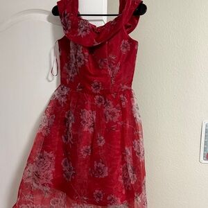 Chi Chi London Red Floral Girls' Dress with Sheer Overlay